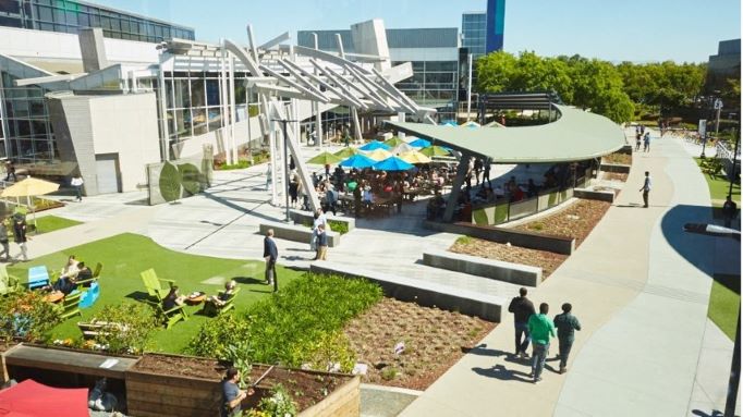 photo of employees at Googleplex campus on a sunny day